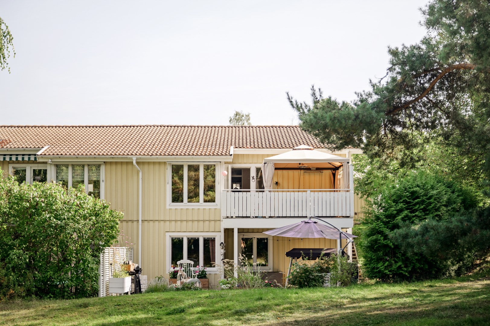 Hörnläge inramat av uppvuxen grönska.