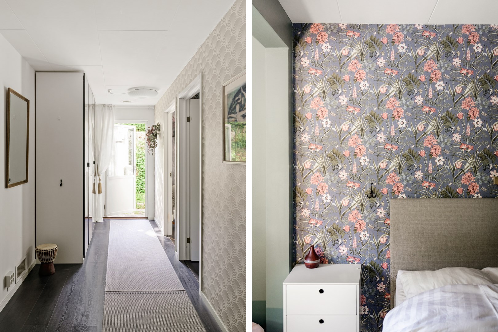 Hall nedre plan med utgång till trädgården i söder.