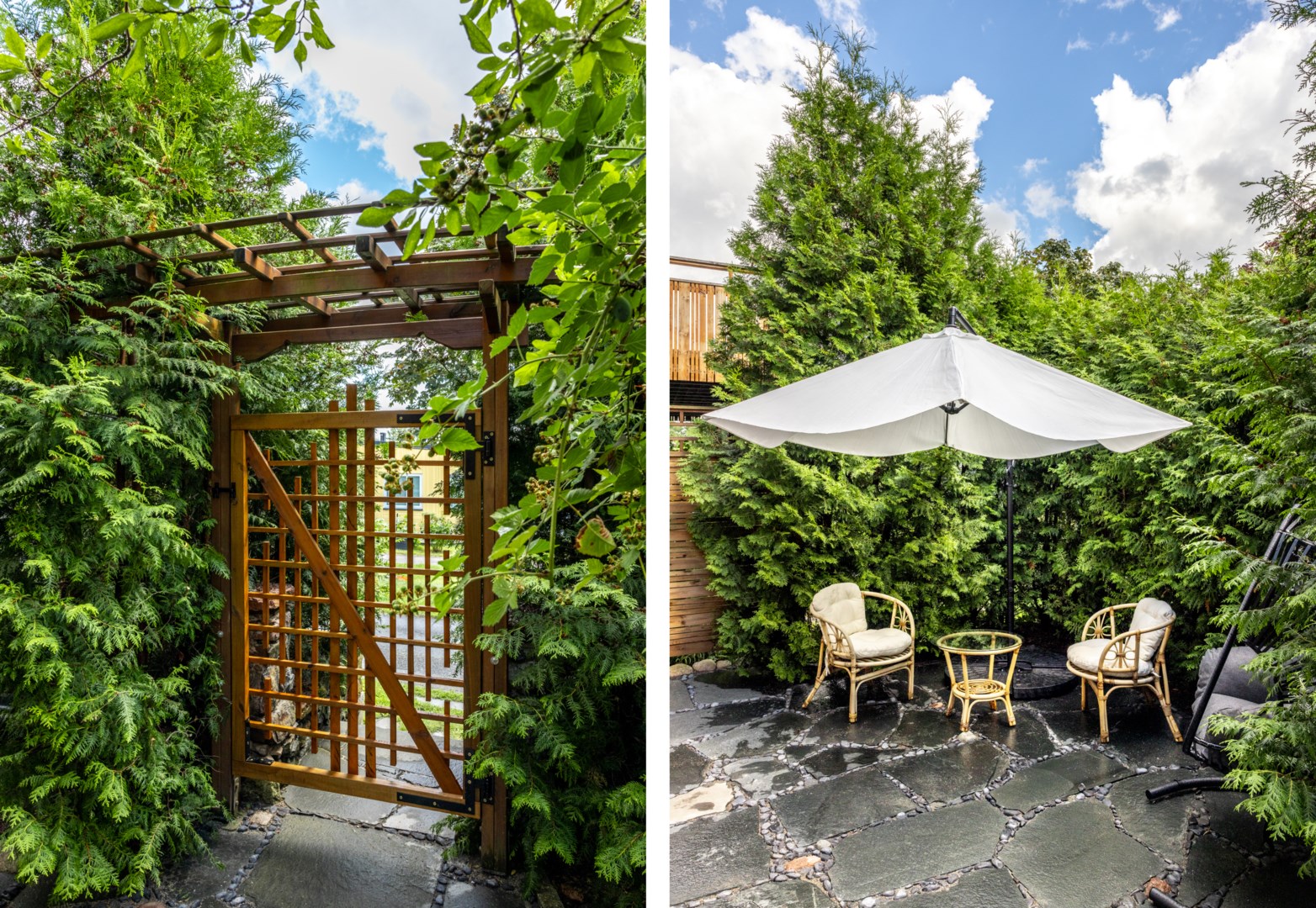 Skifferbelagd uteplats öster om huset med direktaccess från husets nedre plan.