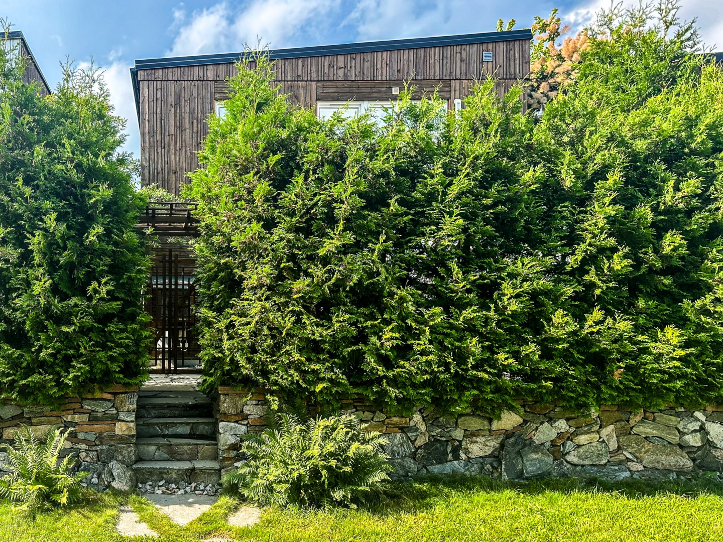 I öster omsluts tomten av en naturstensmur och stentrappa och uppvuxen grönska.