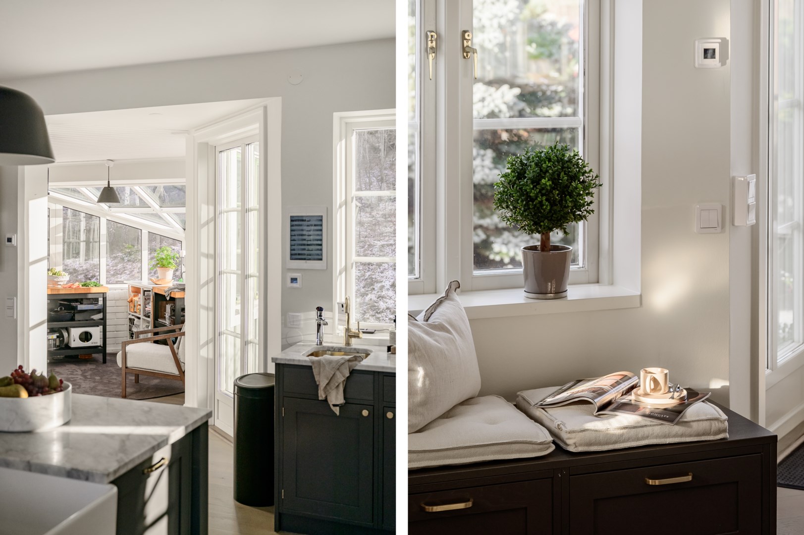 Vy från kök mot preppkök/frukostmatsal