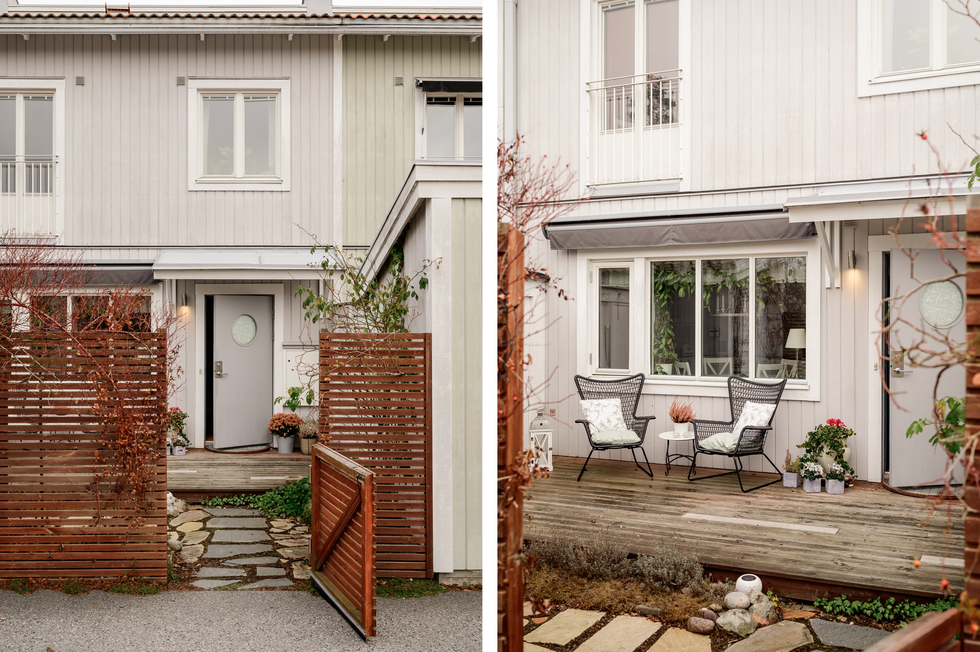 Privat läge med staket och grönska som insynsskydd.