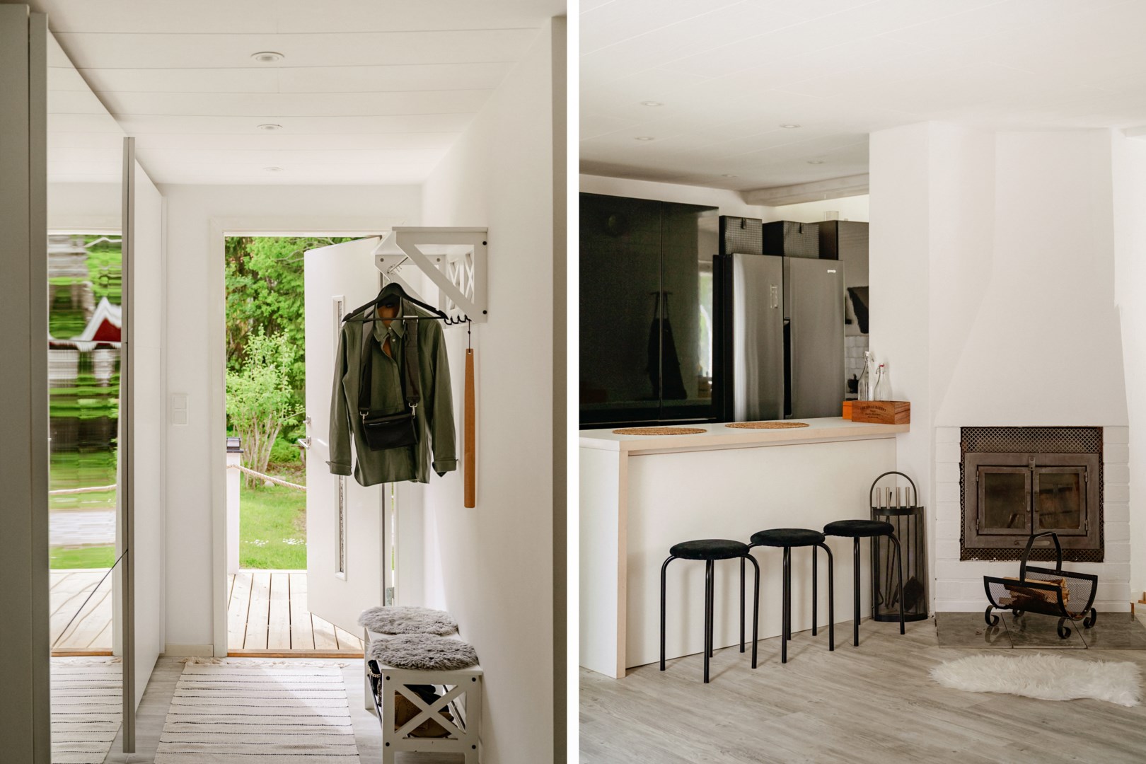 Entréhall med bra klädförvaring bakom spegeldörrar