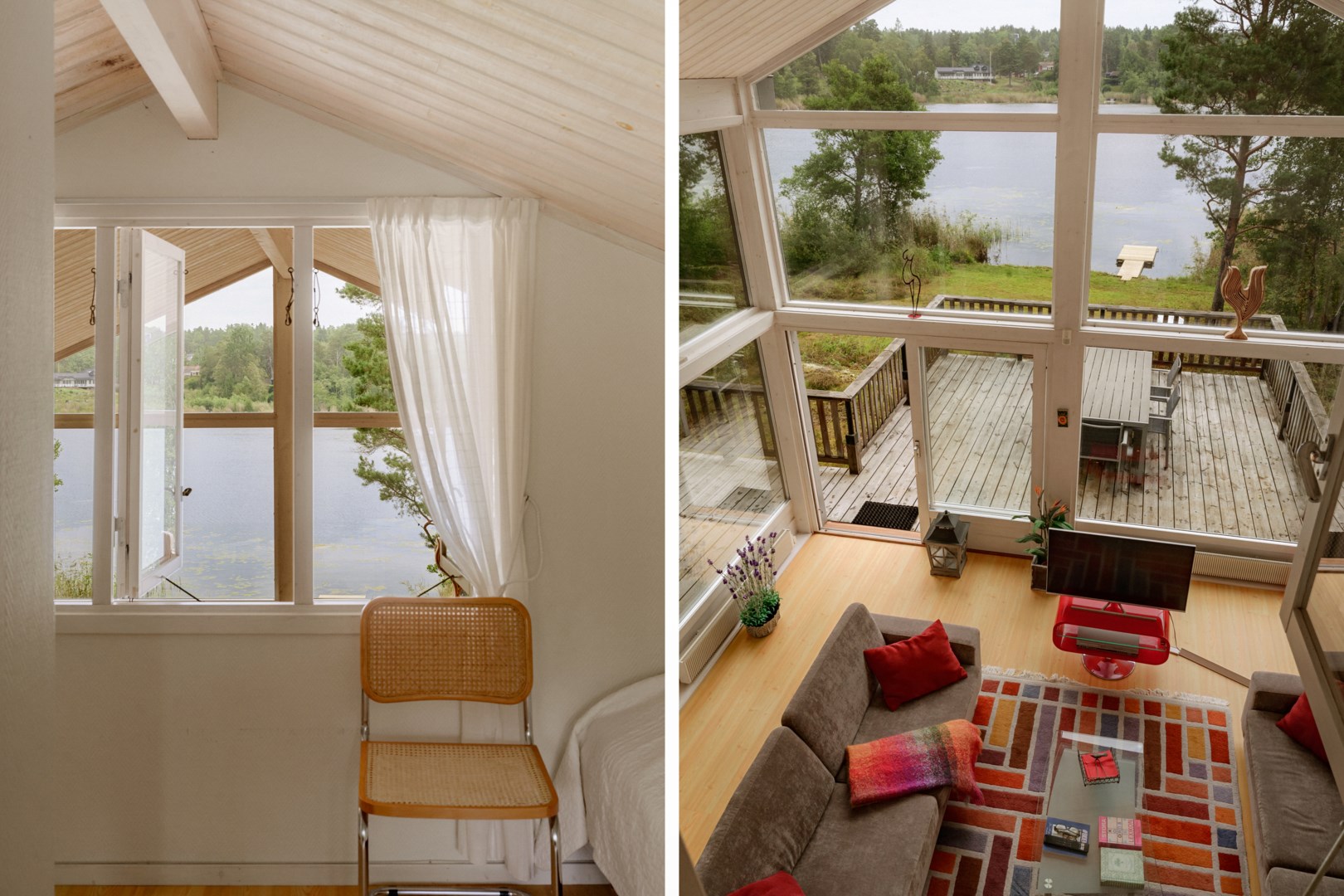 Vy från loftet ned mot vardagsrummet.