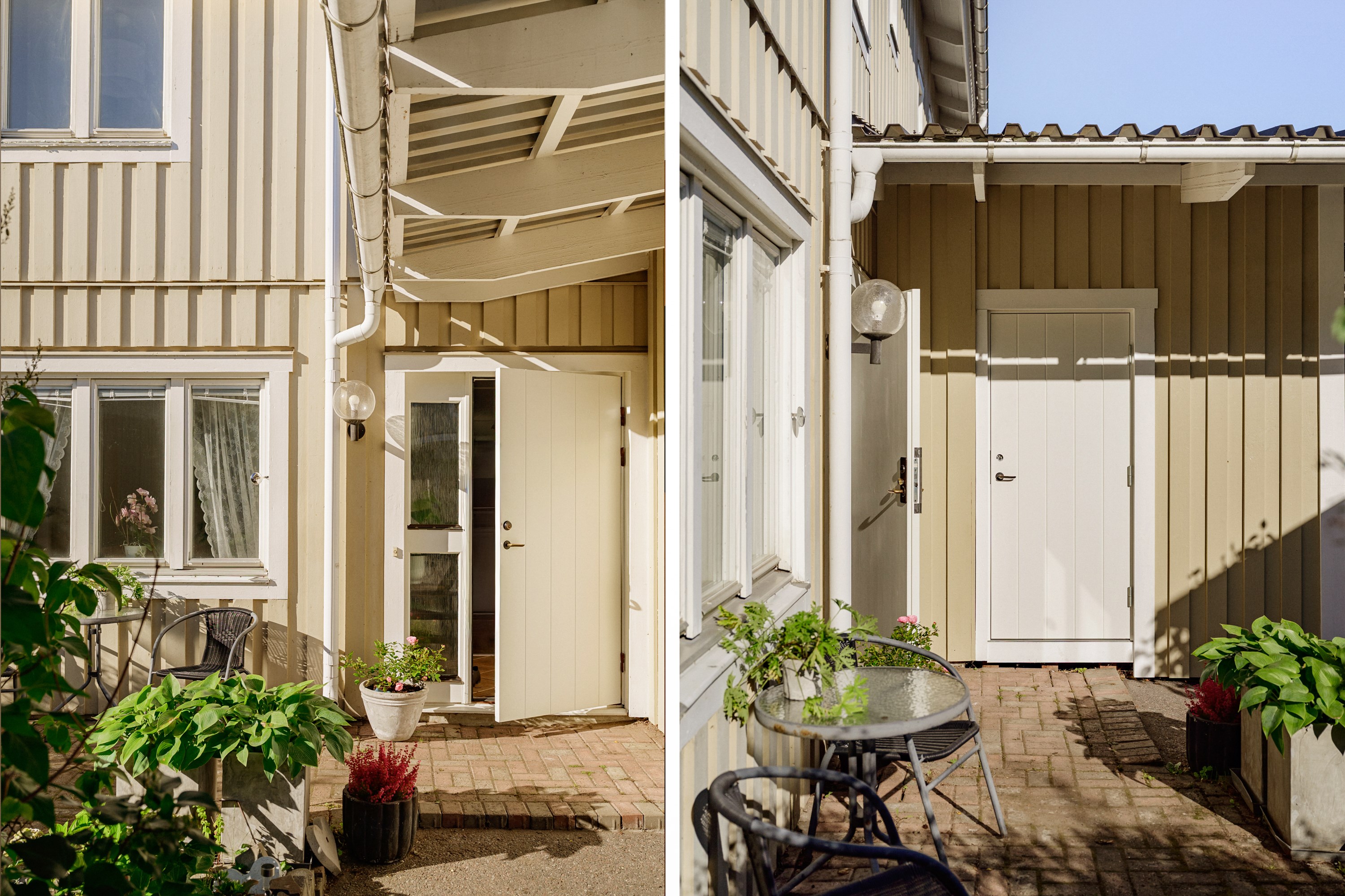 Kallförråd i del av carporten på husets framsida.