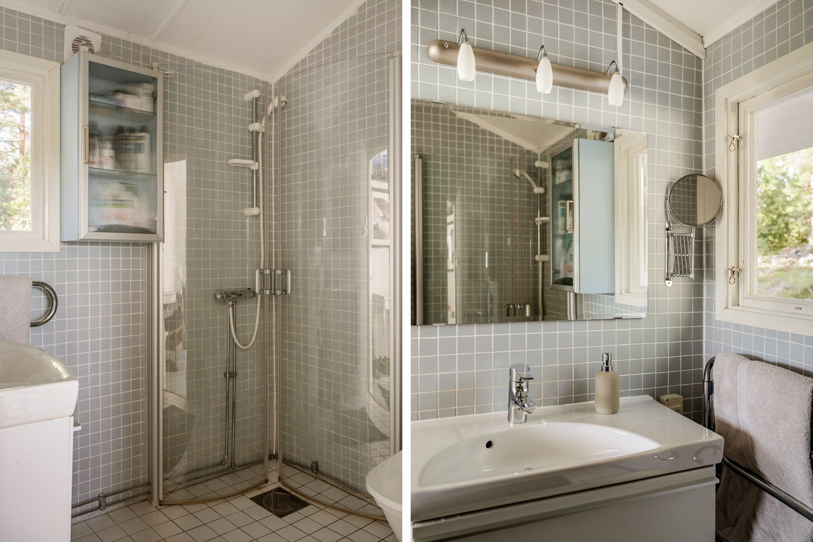 Badrum med dusch och vädringsfönster i norr.