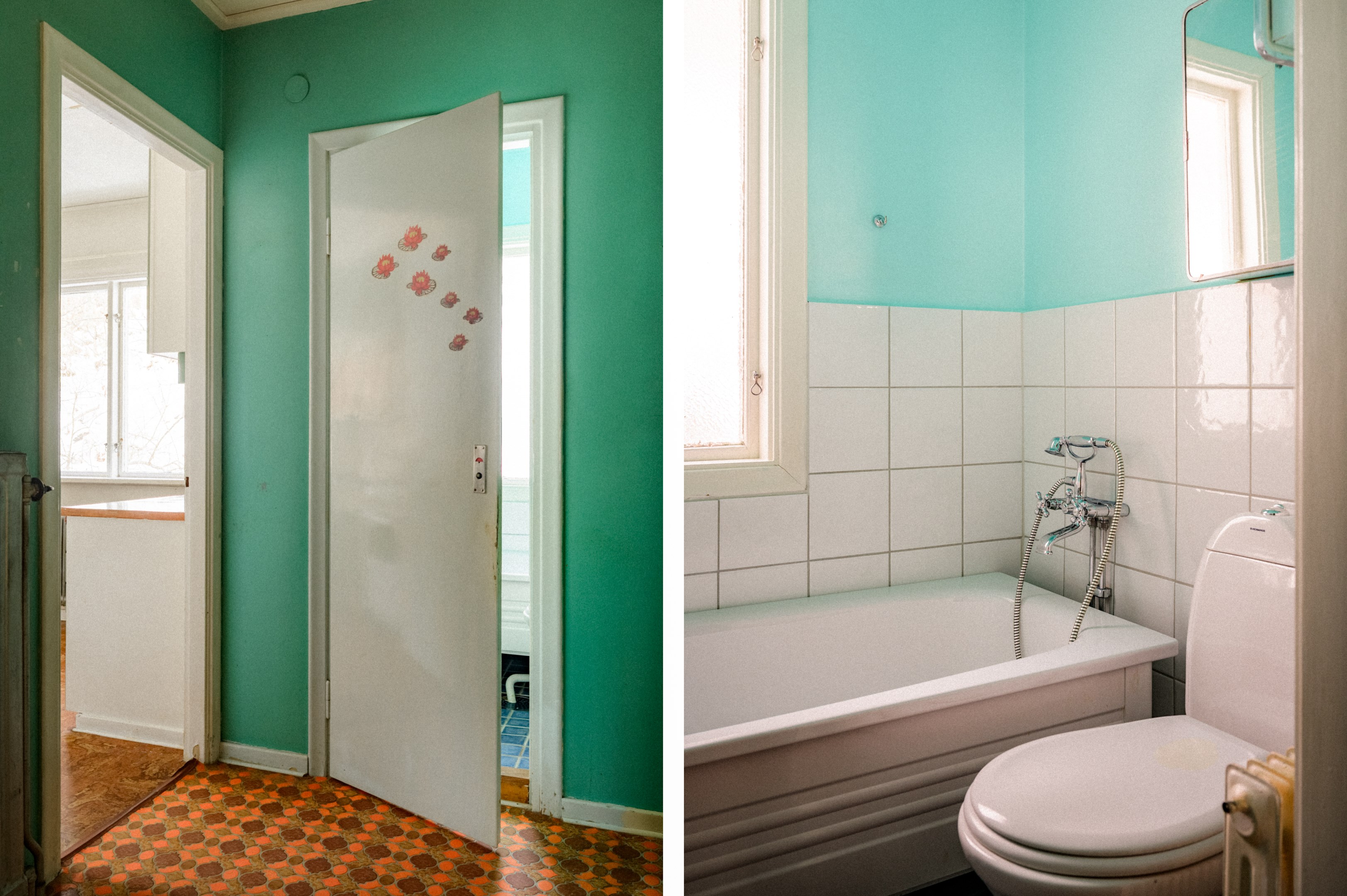 Badrum övre plan med köket till vänster