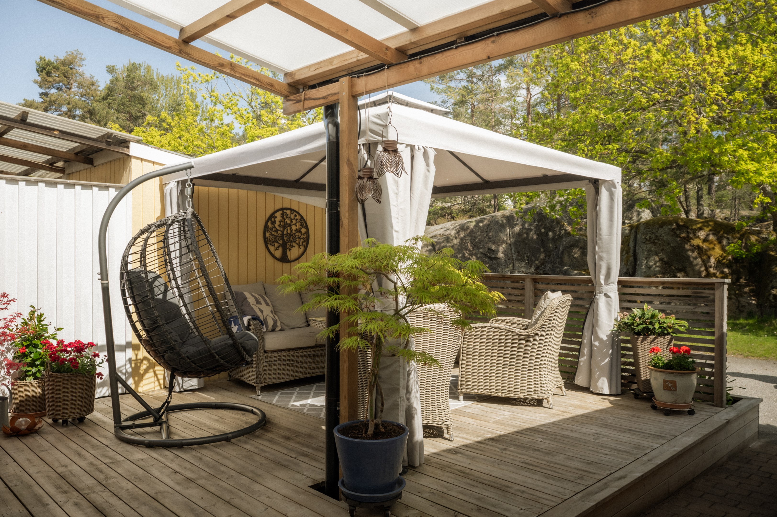 Framsidan badar i sol från morgon till förmiddag