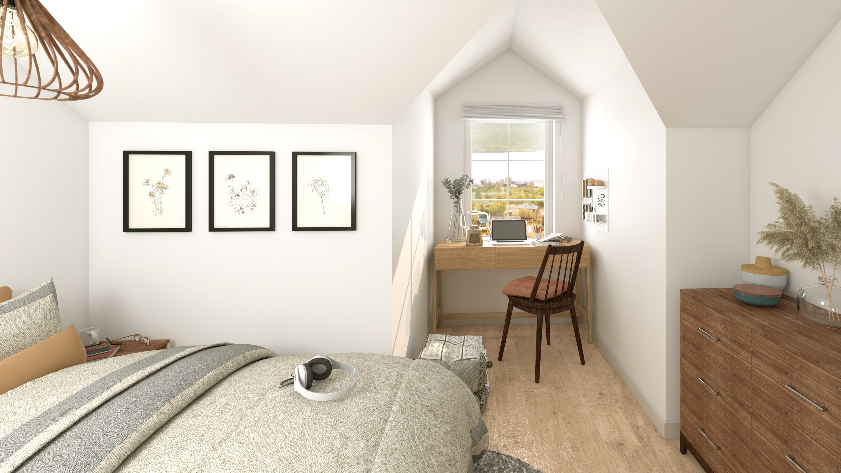 Renderad bild sovrum med takkupa