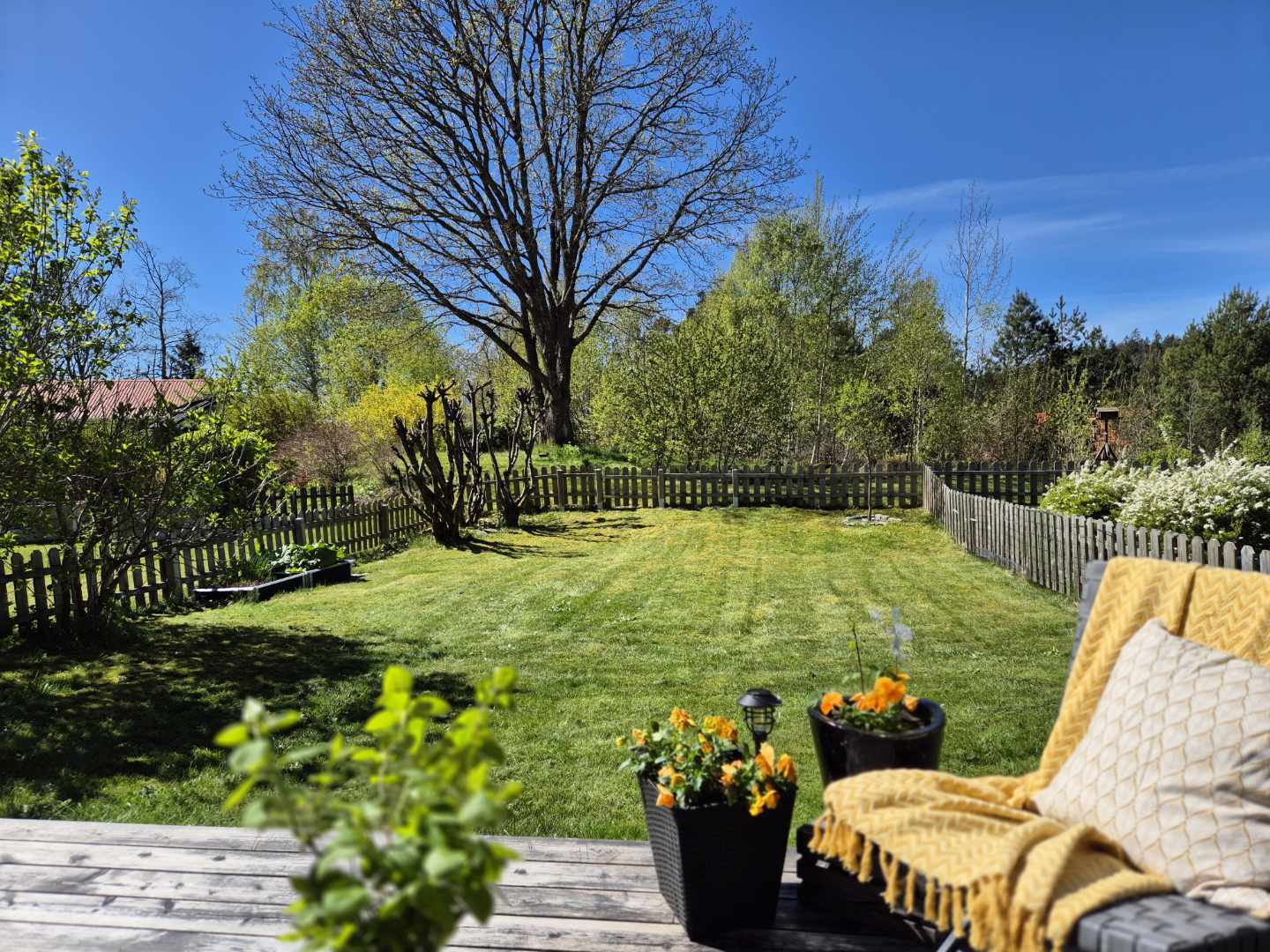 Rogivande baksida med altan och gräsmatta.