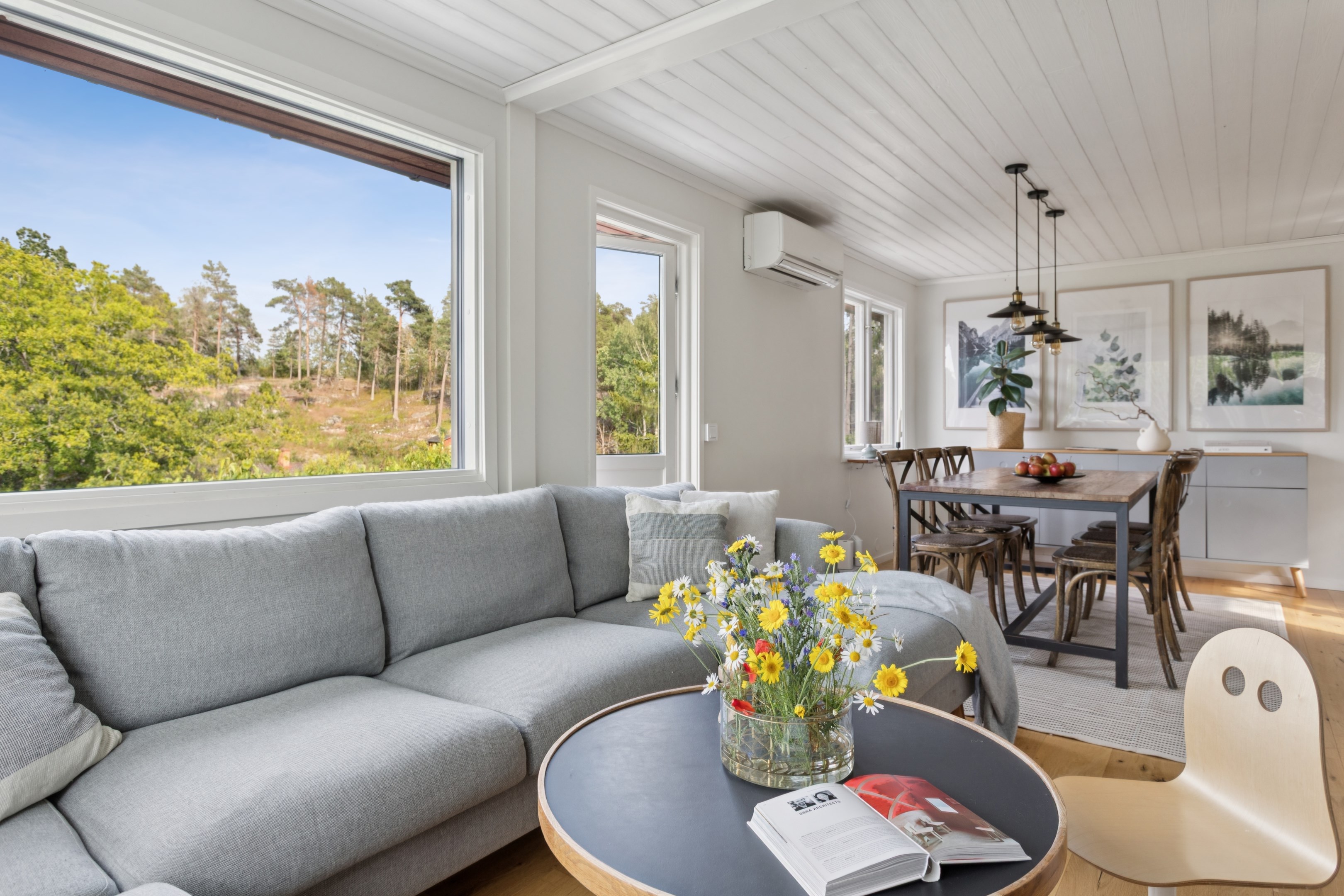 Vardagsrum och matplats i ett