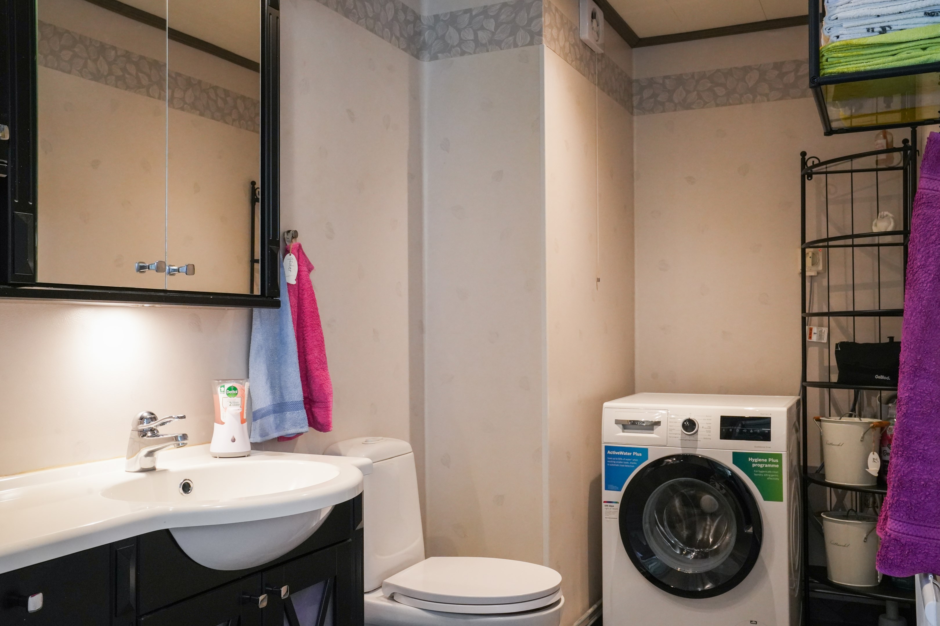 Badrum med handfat, tvättmaskin och wc