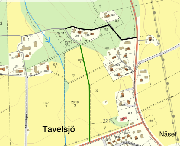 Väg till tomterna. Den väg som är grönmarkerad är en åkerväg.