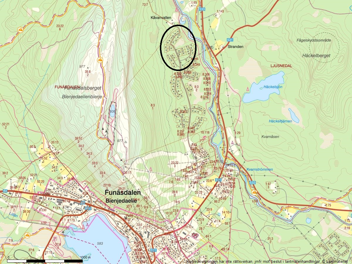 Fastighetskarta med cirkel kring området där tomterna A-I är belägna