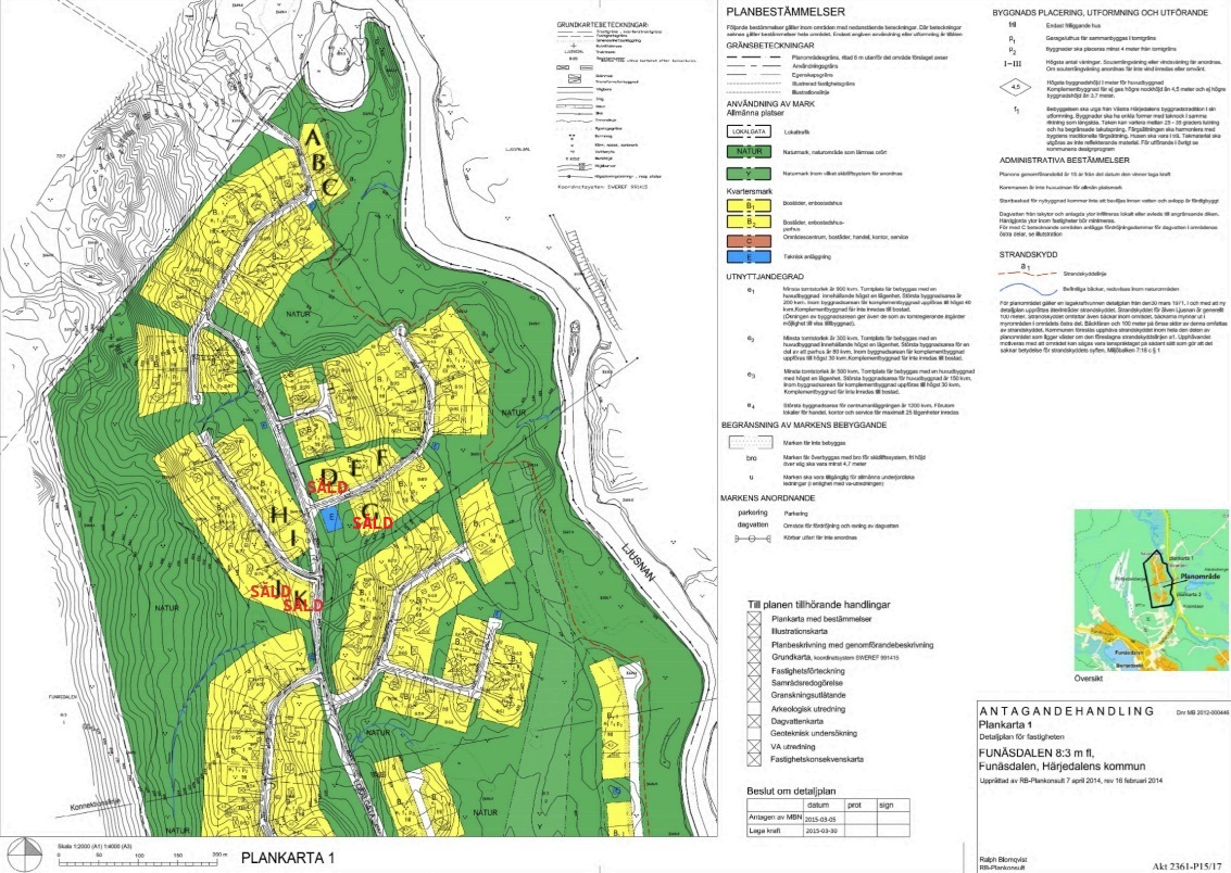 Plankarta med utmärkta bokstäver A-K för tomterna och "Såld" markeringar