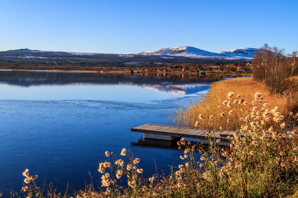 Föreningens egna brygga nedanför huset Tjädern en vacker höstmorgon
