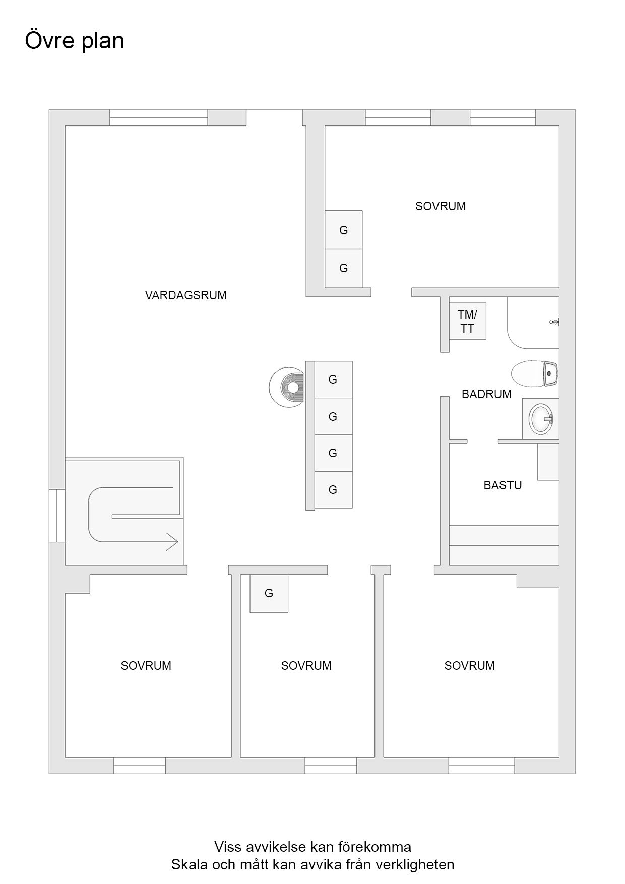 Övre plan, observera att lägenheten kan vara spegelvänd jämfört med planritningen