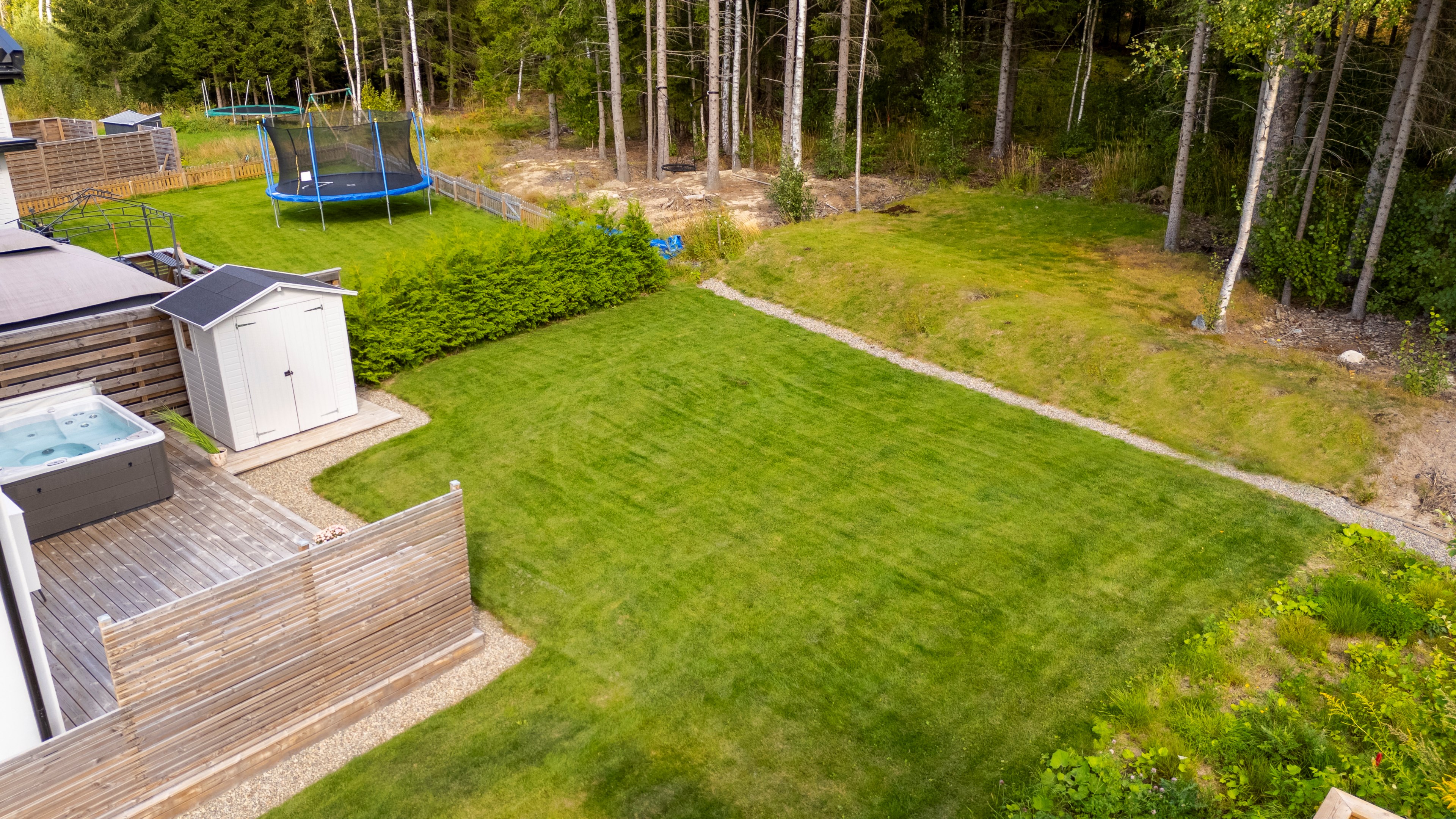 Stor gräsmatta som ansluter mot skogen