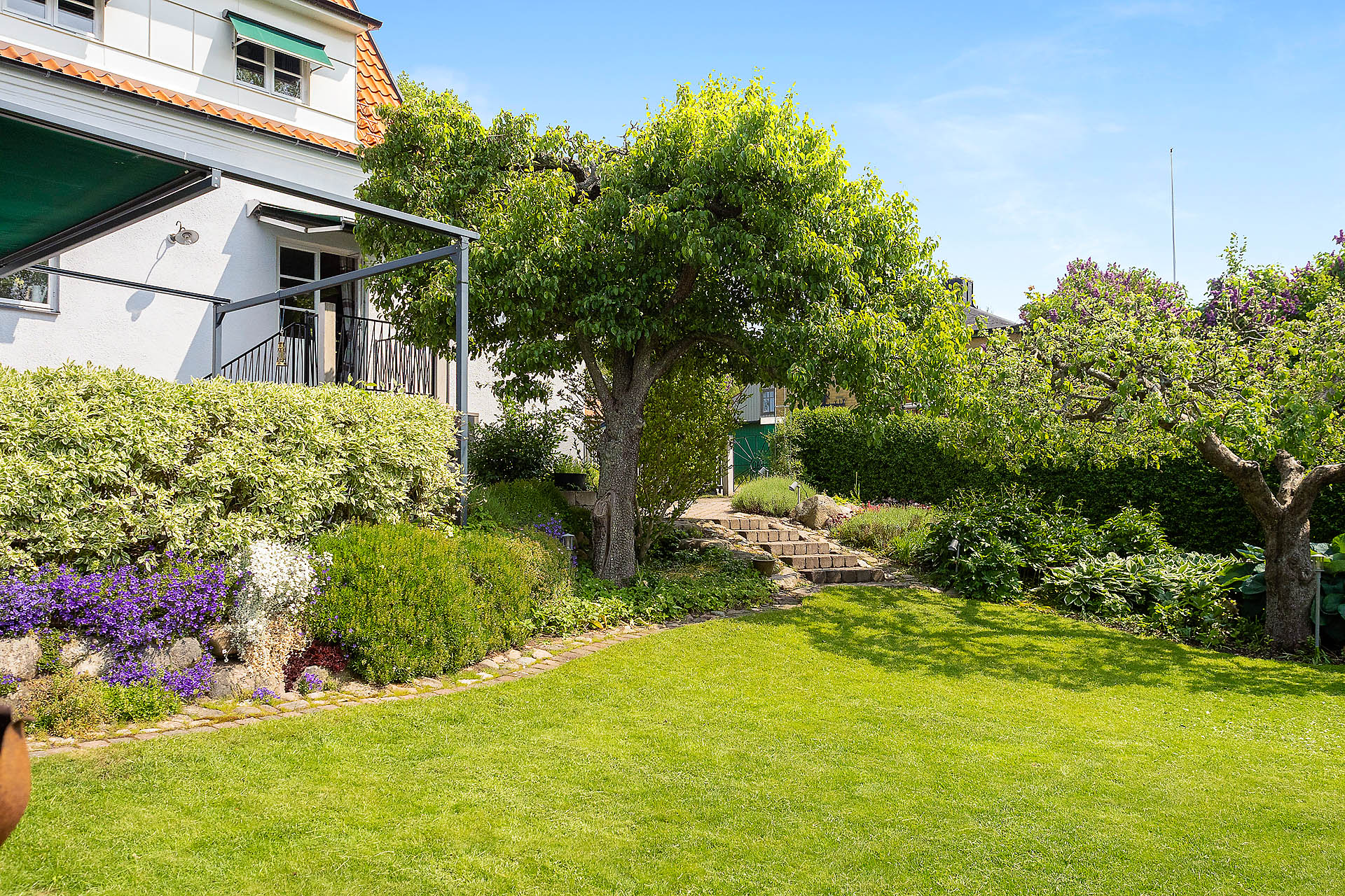 Vacker trädgård med många detaljer