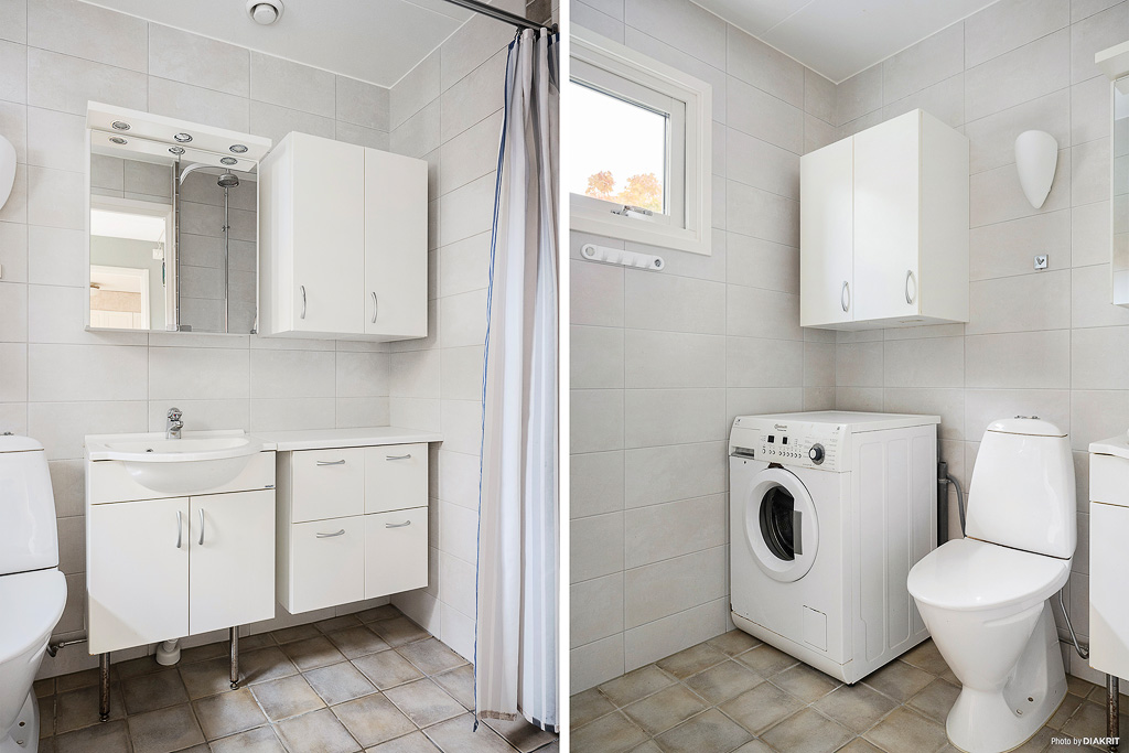 Helkaklat badrum med golvvärme och tvättmaskin