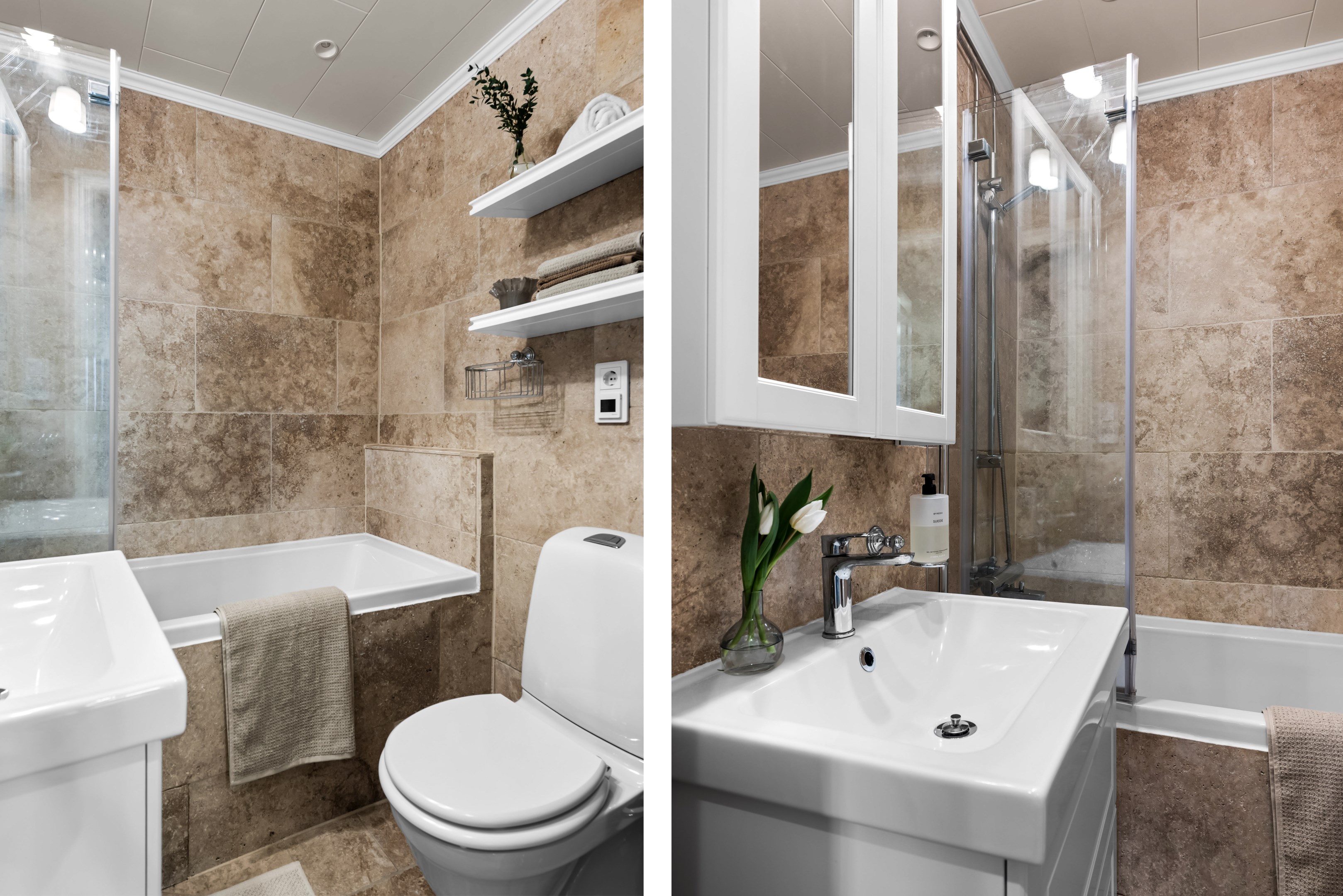 Badrum med badkar som går att ändra till dusch. Det är förberett för detta