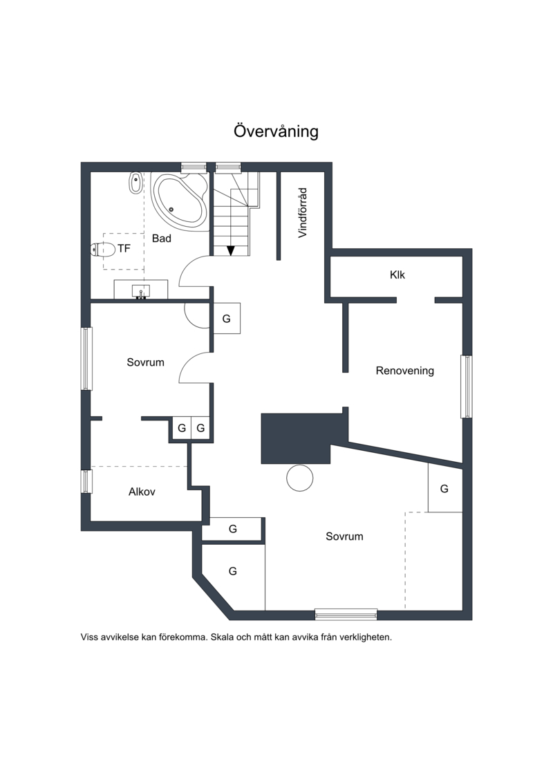 Planskiss övre plan(ngt missvisande i stl på hall och rum)