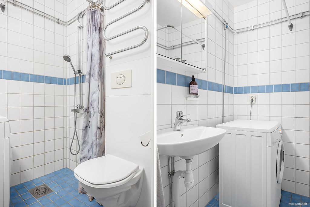 Helkaklat badrum med tvättmaskin