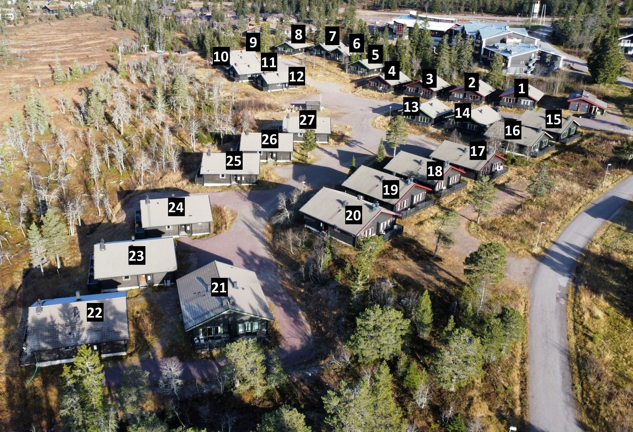 Hemfjällsbyns stugor numrerade