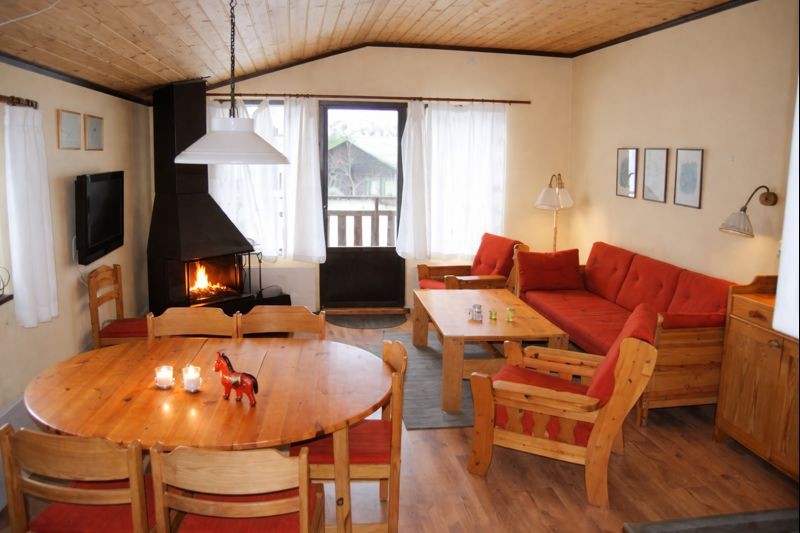 E storstuga med eldstad och utgång till terass