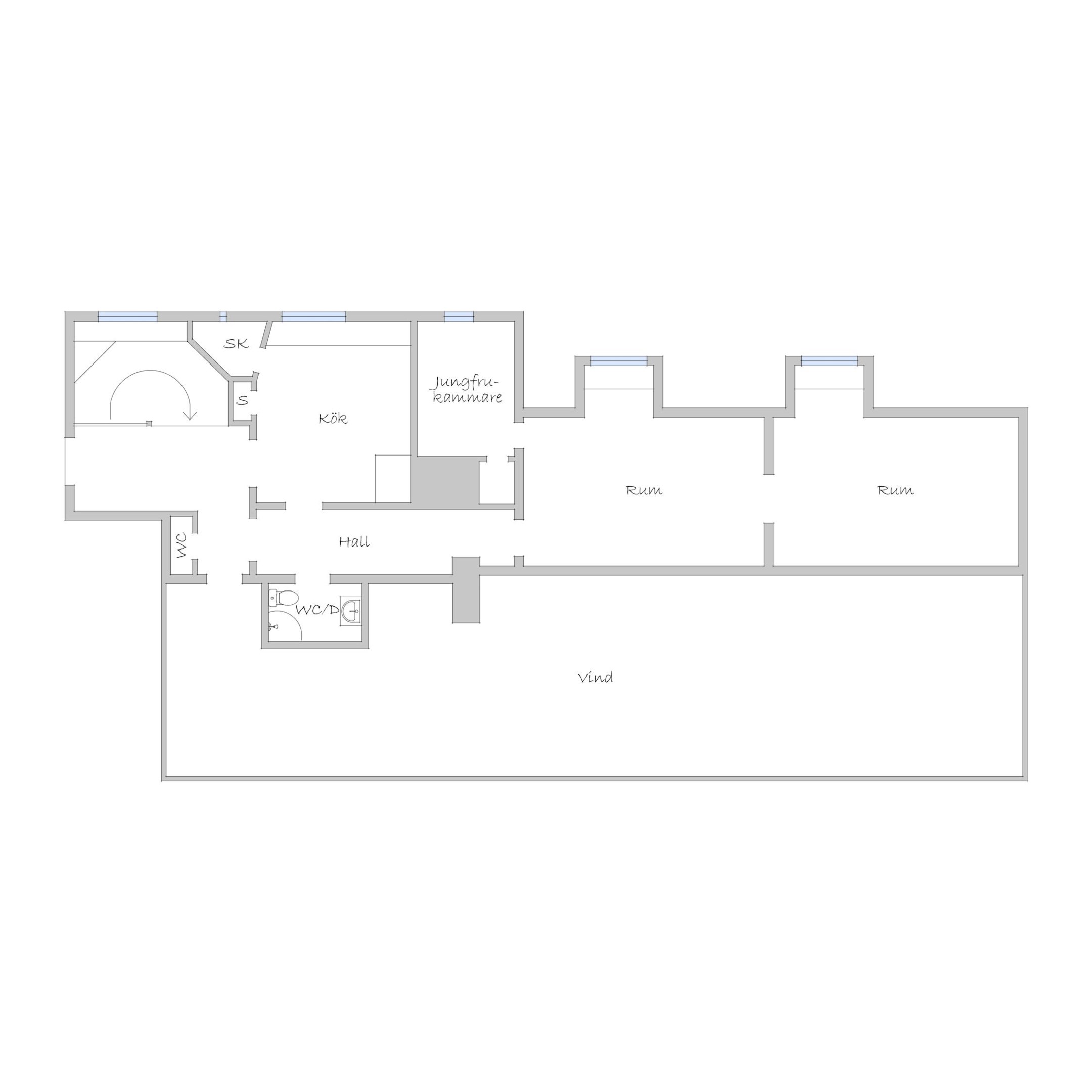 Detalj vindsvåning huskropp 2 med aktuell planlösning och inritat badrum