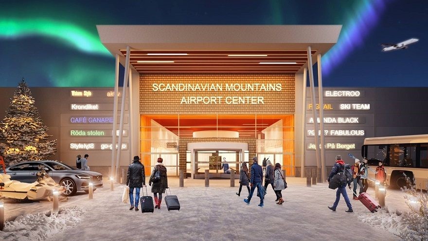 Scandinavian Mountains Airport. Terminalen är bekväm och välutrustad: café, butik, shop.