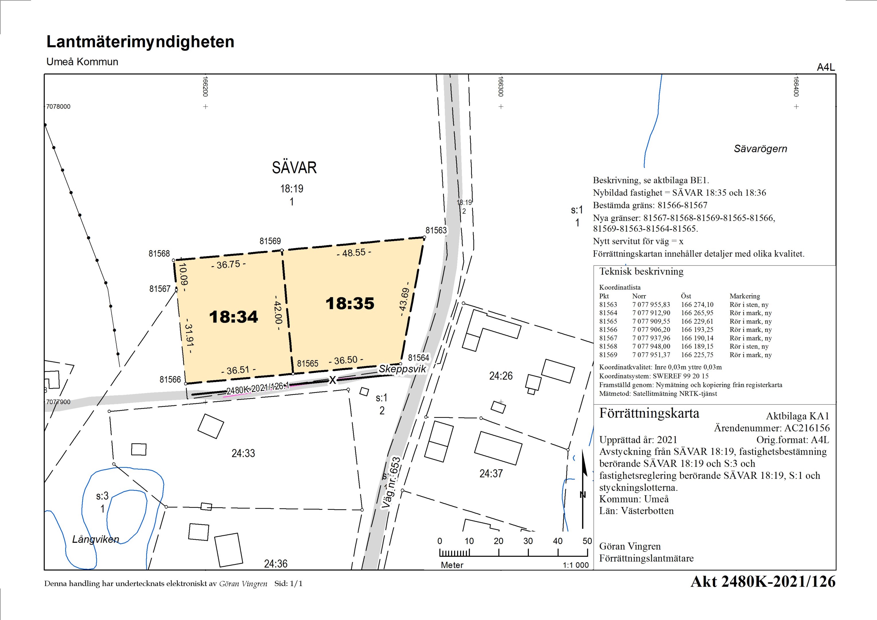 Förrättningskarta Sävar 18 34 och 35