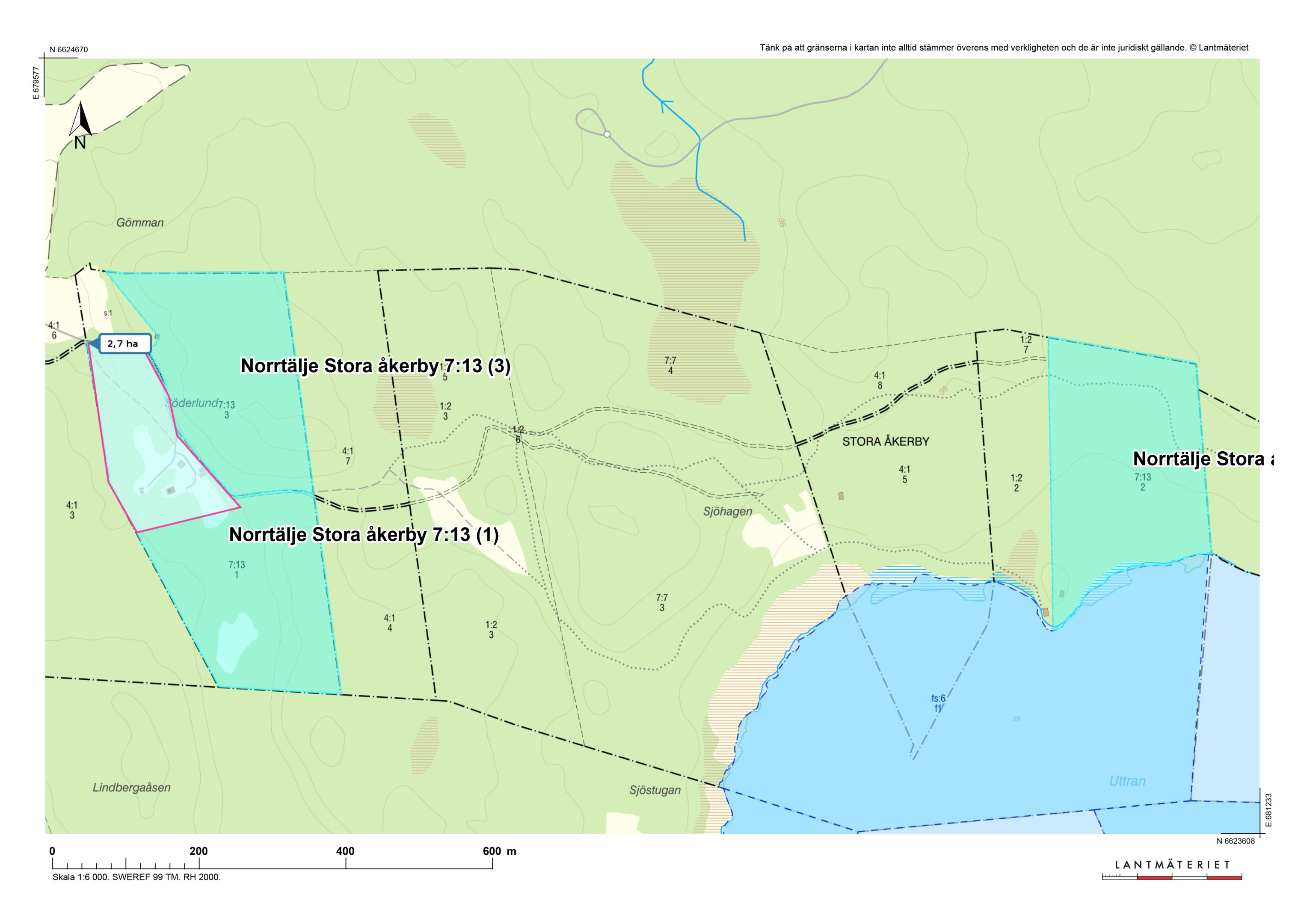 Karta Stora Åkerby 7-13 rödmarkering ingår ej, avstyckning pågår.