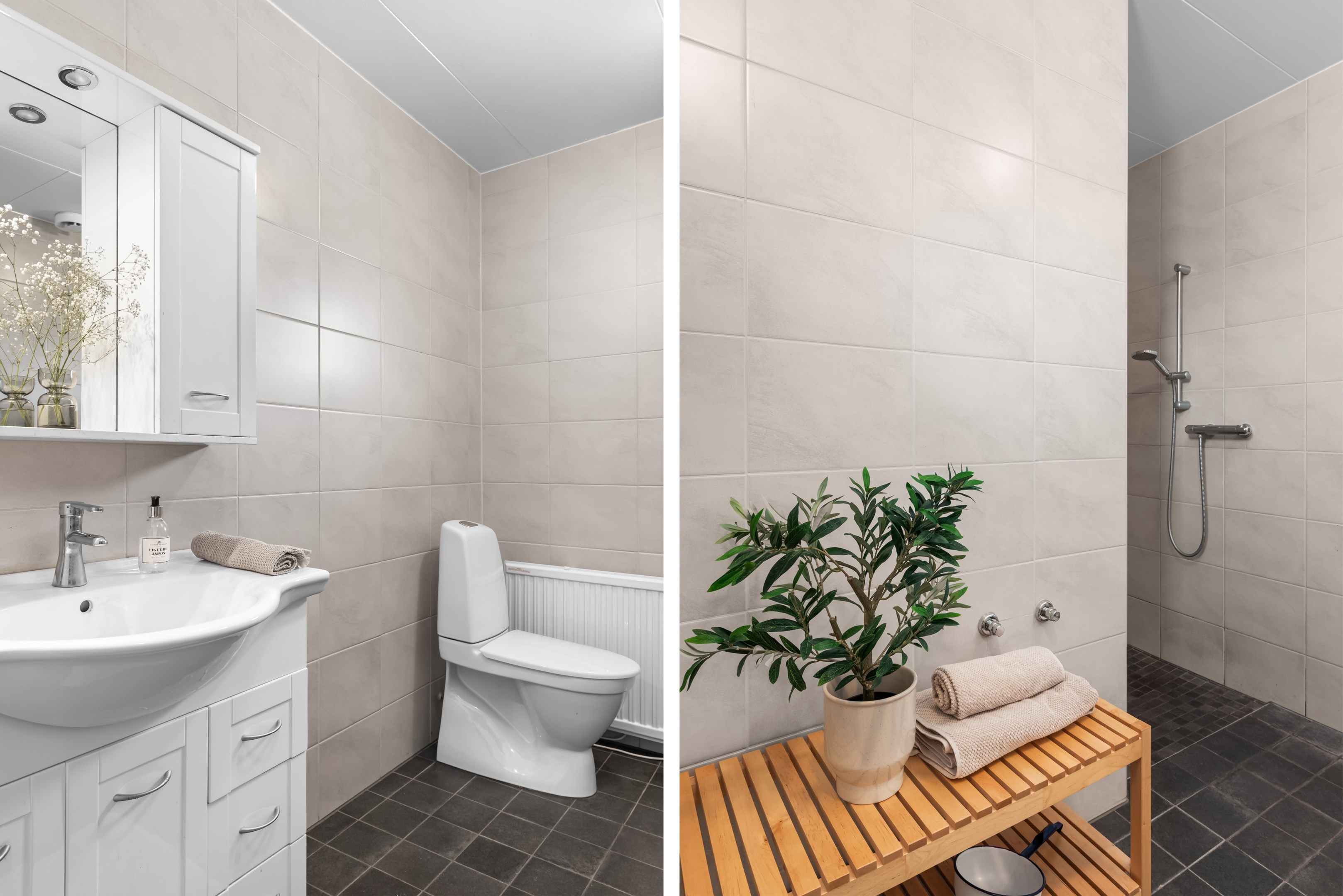 Stort härligt badrum med både dusch och möjlighet till badkar