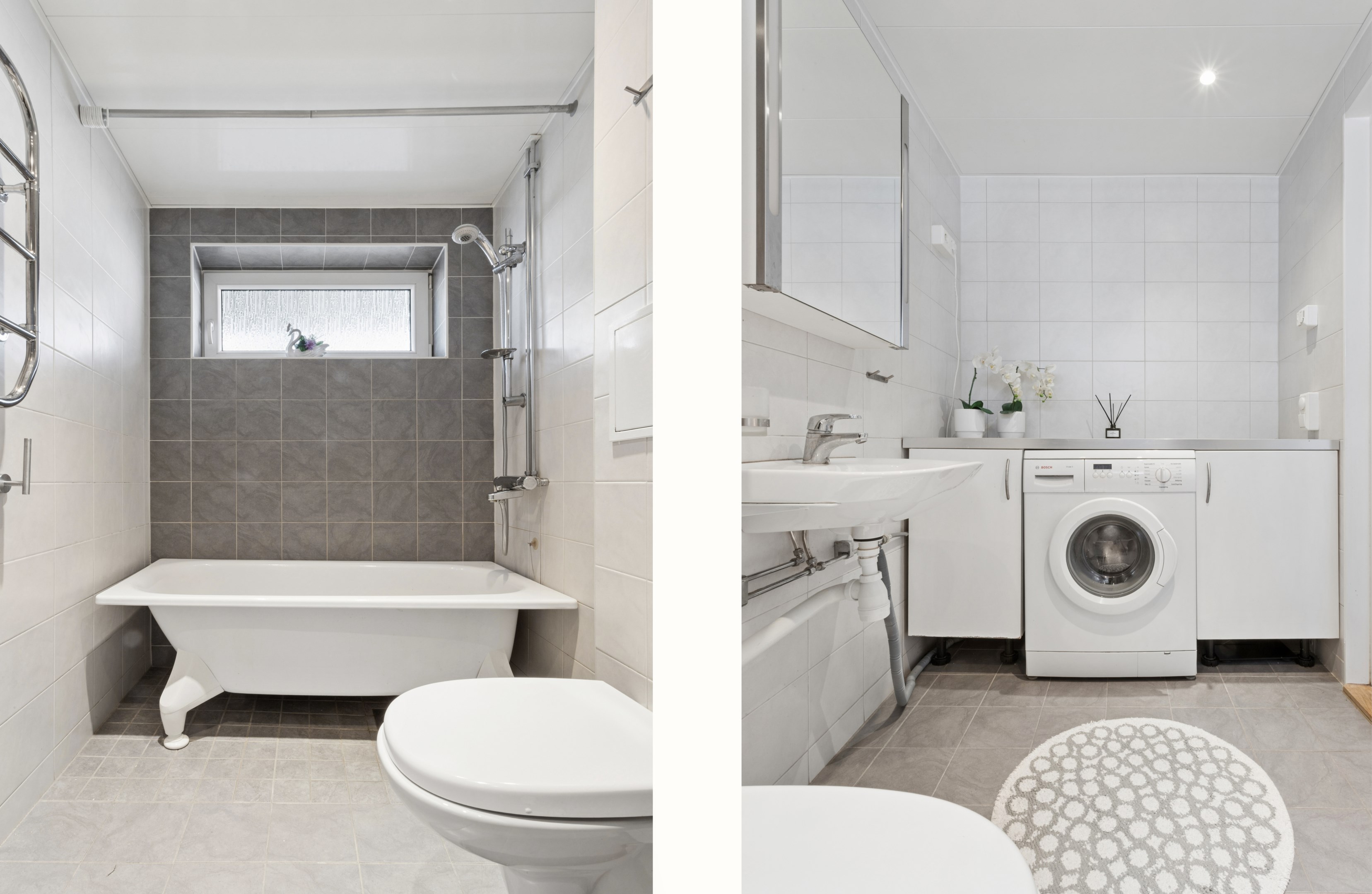 Rejält badrum med badkar, WC och tvättmaskin