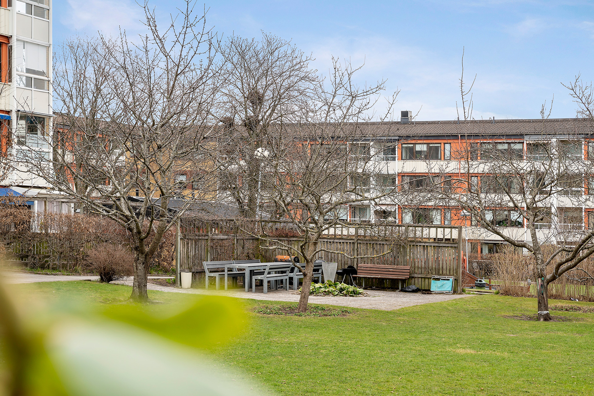 Grön gård med grillplatser