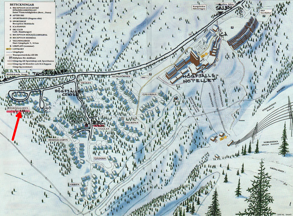 Storfjällsbyn vid röd pil