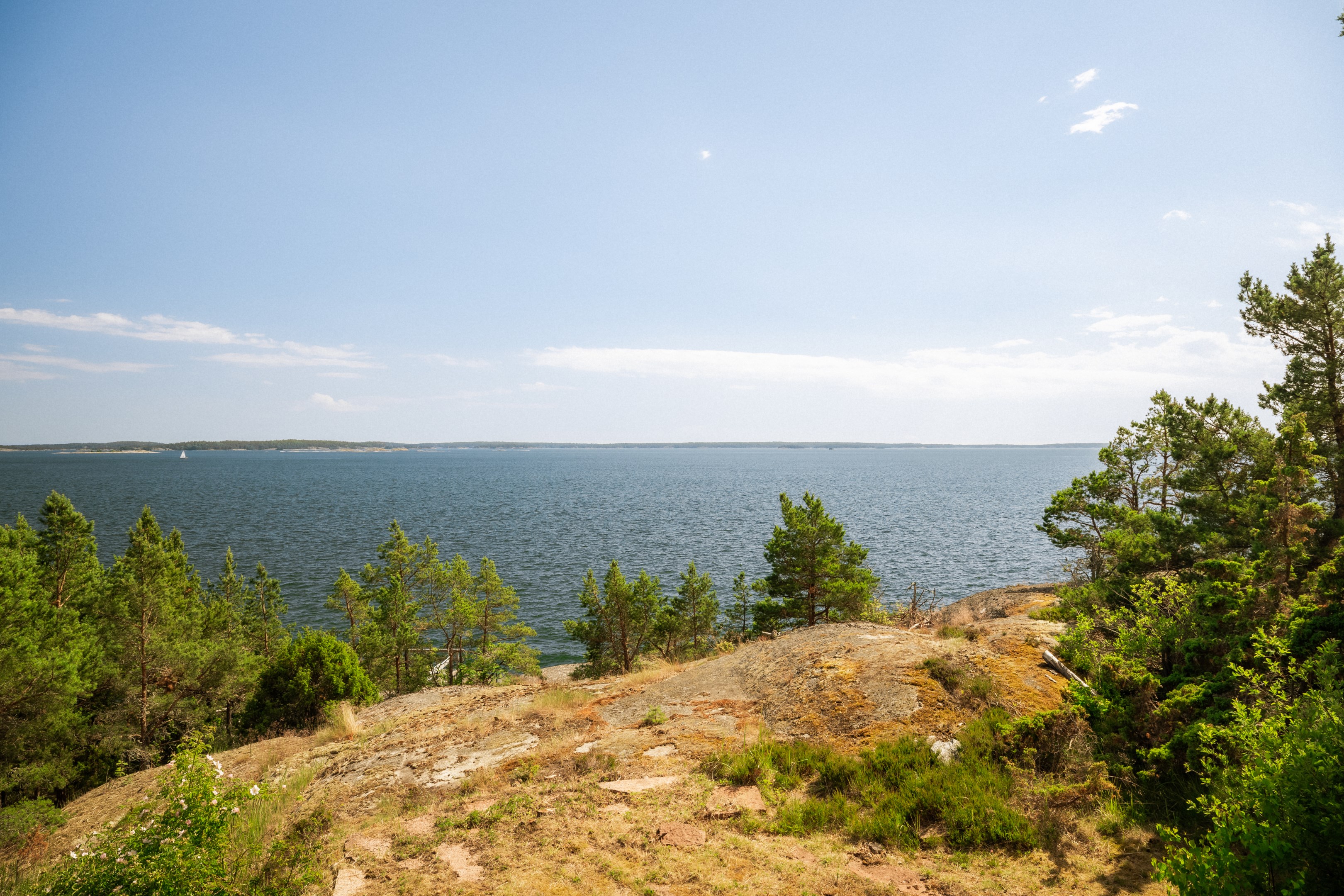 Hus & trädgård ramas in av karg skärgårdsnatur