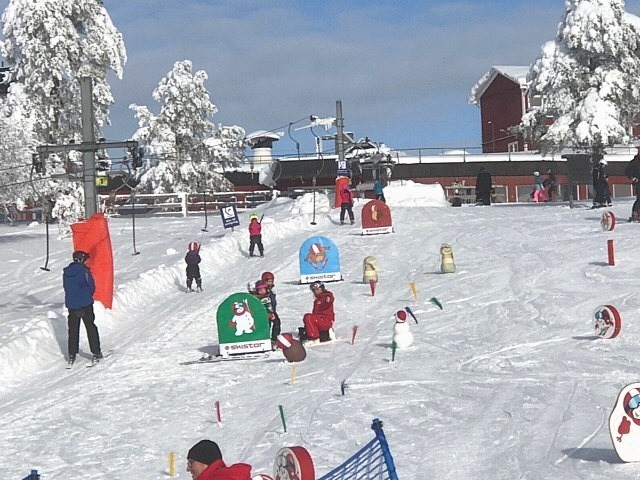 Barnområde med flera knappliftar, rullband och enklare skidbackar.