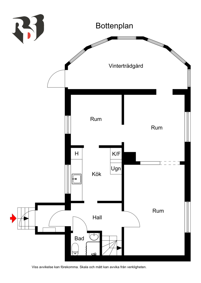 Planlösning bottenplan - obs ej öppet från matsplats till vardagsrum