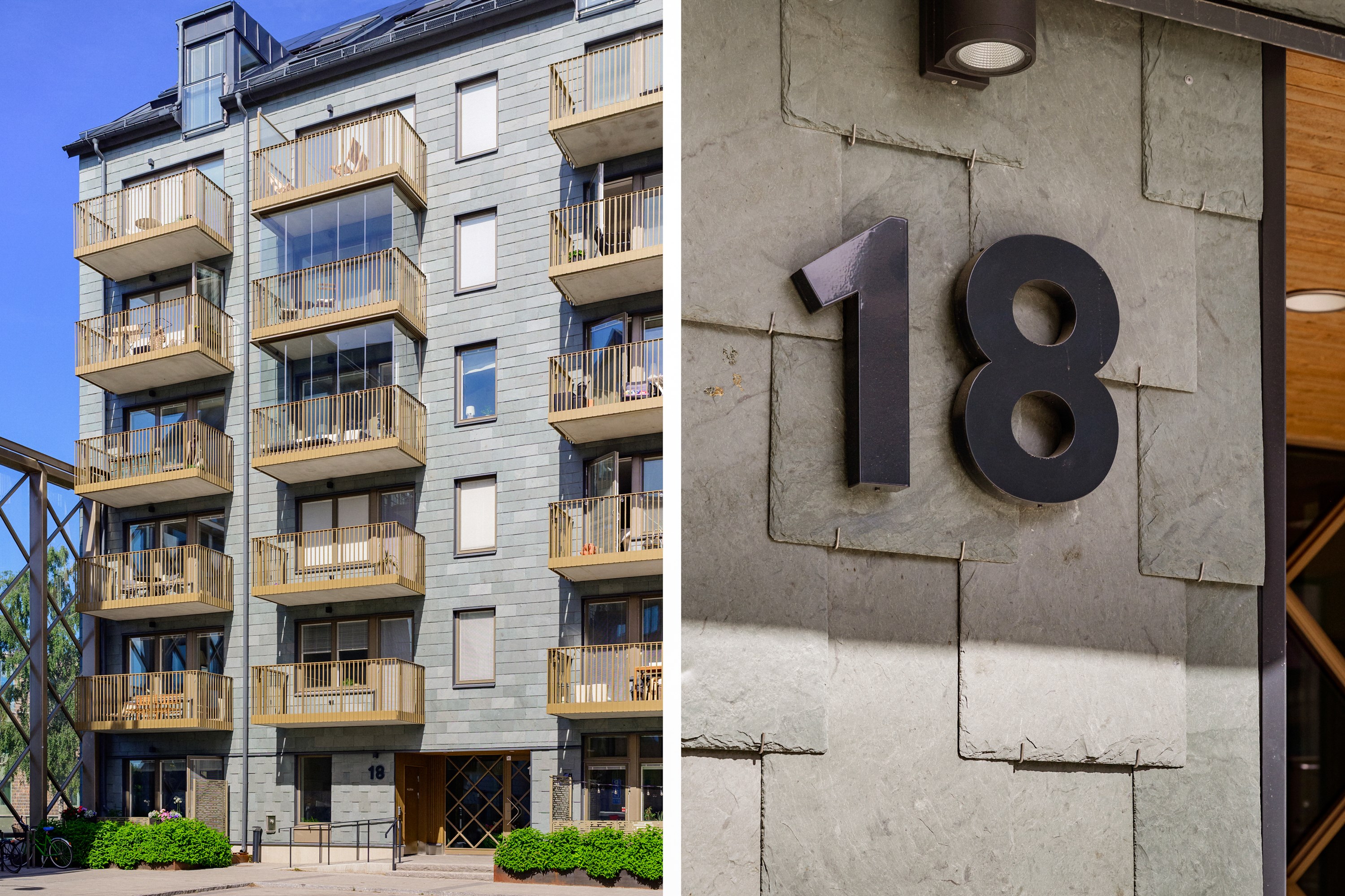 Lägenhetens inglasade balkong återfinns fyra trappor upp till vänster om porten