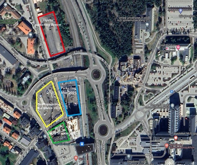 Utomhusparkeringarna är placerade inom den blå markeringen