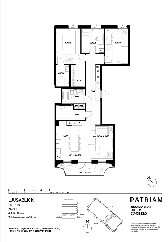 Planlösning från Primusgatan 20, Lgh 2-1101, Till salu i Lilla Essingen, Stockholm