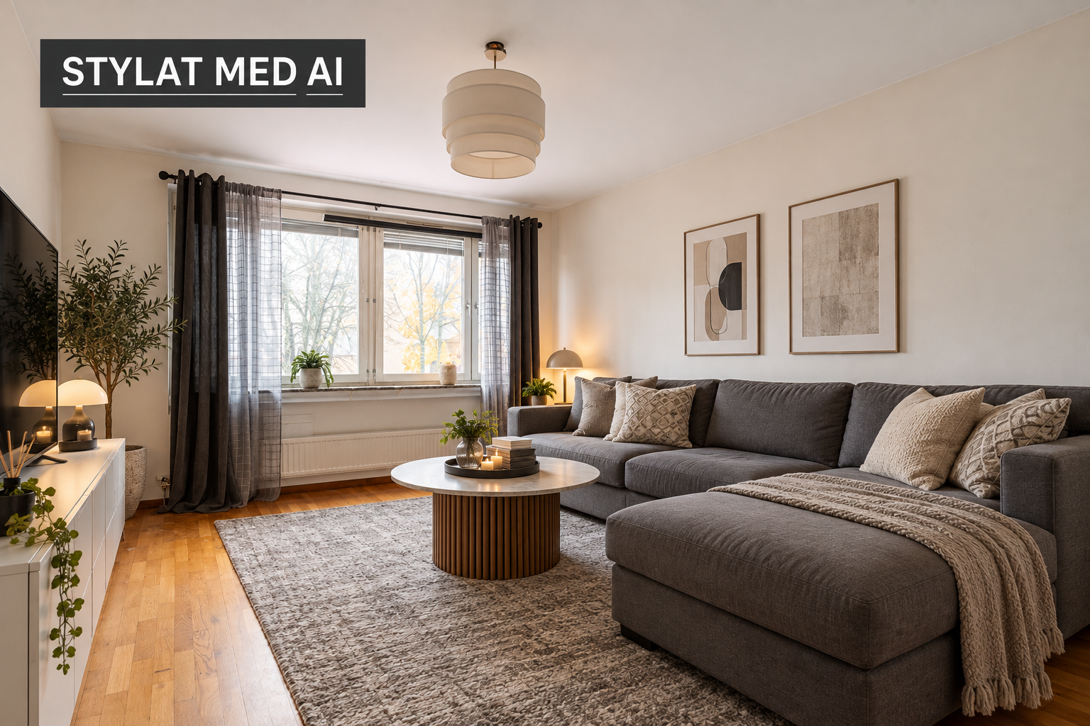Mysigt skandinaviskt vardagsrum med AI-styling